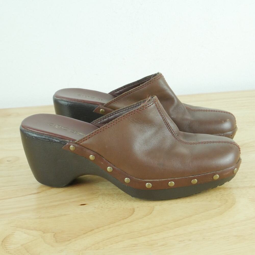 Vintage Size 8 Clogs Mules Brown Leather Studded Chunky Heel Y2K Boho Cherokee